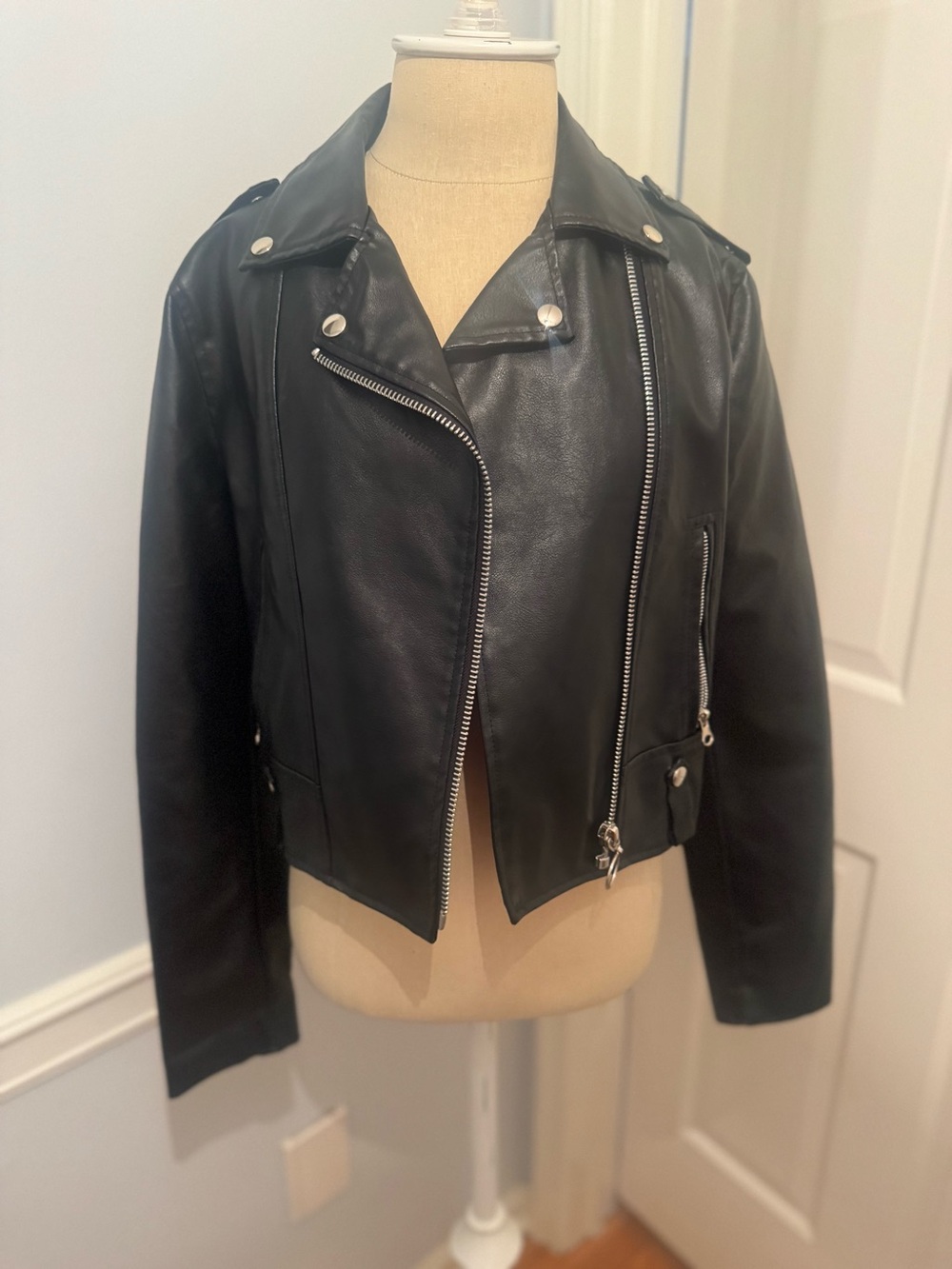 Princess Polly cropped Classic Black Faux Leather Moto Jacket -